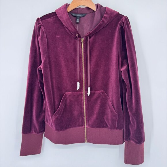 Whitehouse Black Market Burgundy Hooded Velvet Zip-Up Jacket size large new $89 - Picture 5 of 11